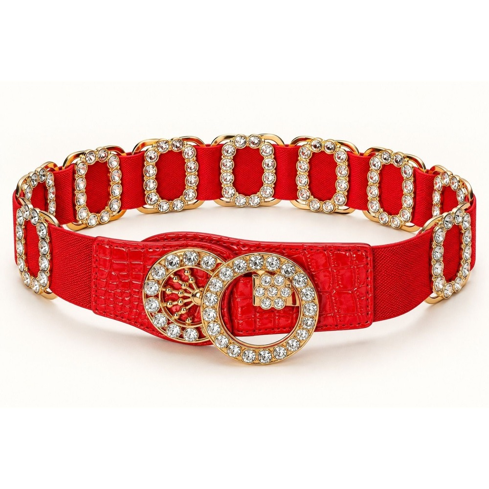 Red Crystal Encrusted Elastic Waist Belt Gold Tone Rhinestone Buckle S/M